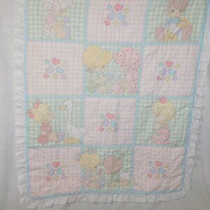 VTG Precious Moments Baby Comforter Quilt Goose Dogs Hearts Pastel Friends